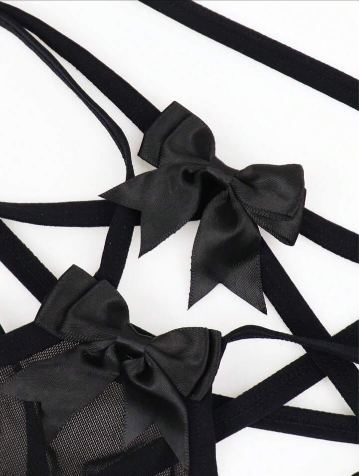 Energetic Black Bow Tie Alluring Mysterious Black Hollow Mesh Men's Lingerie